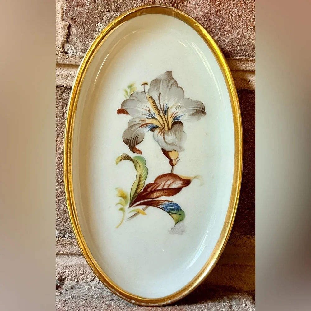 VTG Danmark Porcelain Denmark Oval Trinket Dishes Gold Rim Hand Painted Floral 2
